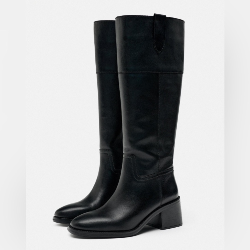 Zara KNEE HIGH MID HEEL LEATHER BOOTS. Black. Size 6.5. New with Tags.